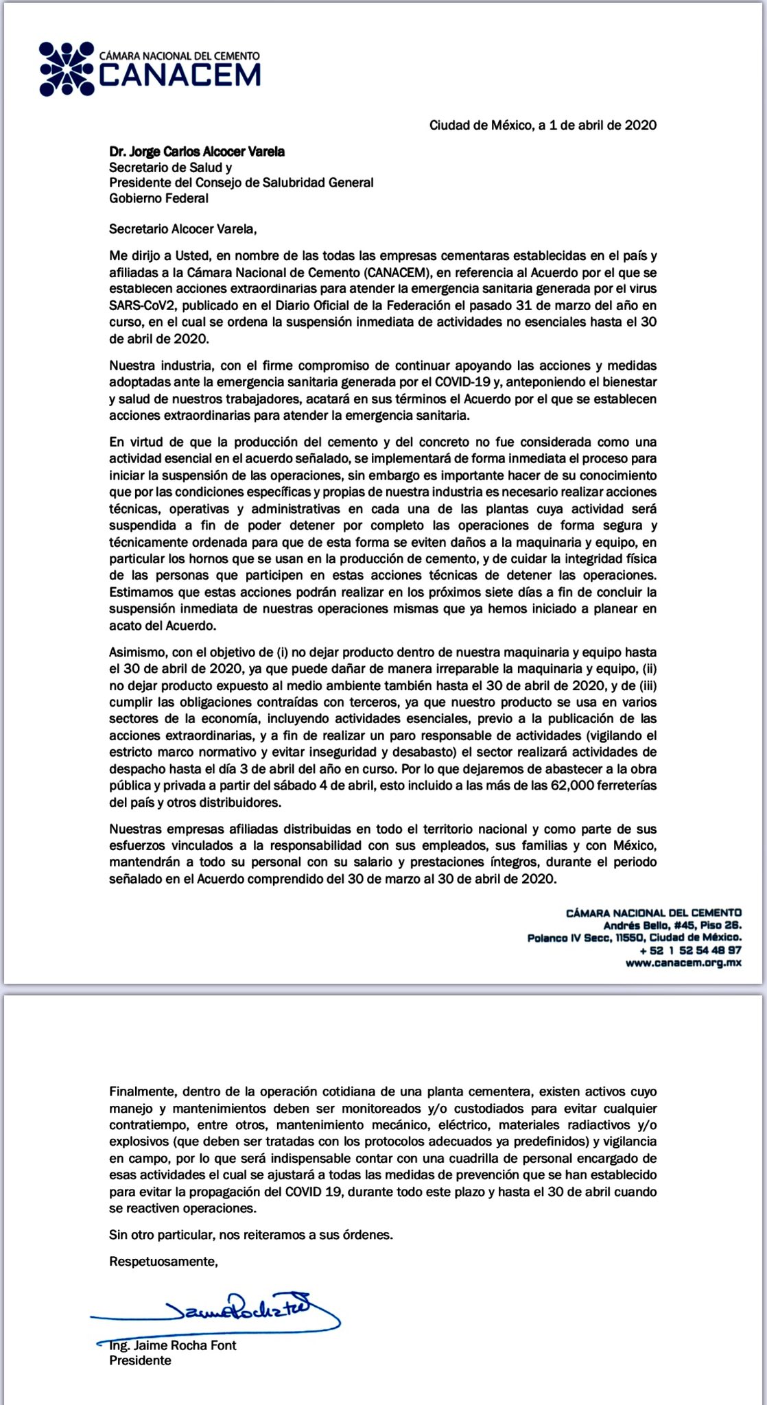 Industria cementera de México detendrá operaciones por COVID-19 - carta-de-la-canacem-para-suspender-actividades-por-covid-19