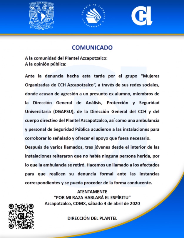 CCH Azcapotzalco confirma que no hubo agresiones en instalaciones - comunicado-cch-azcapotzalco