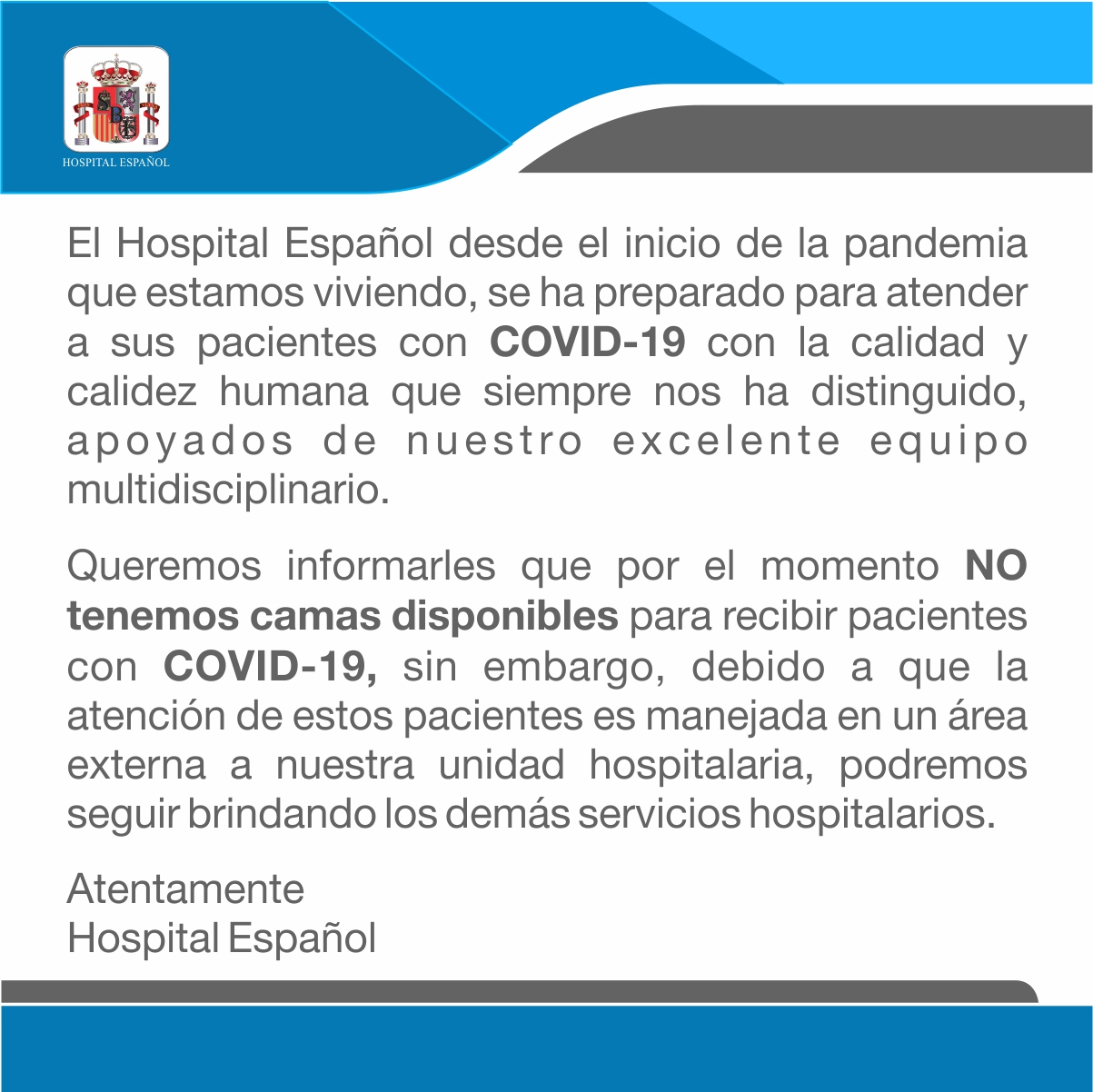 Hospital Español llega a su límite de atención a pacientes con COVID-19 - comunicado-hospital-espanol