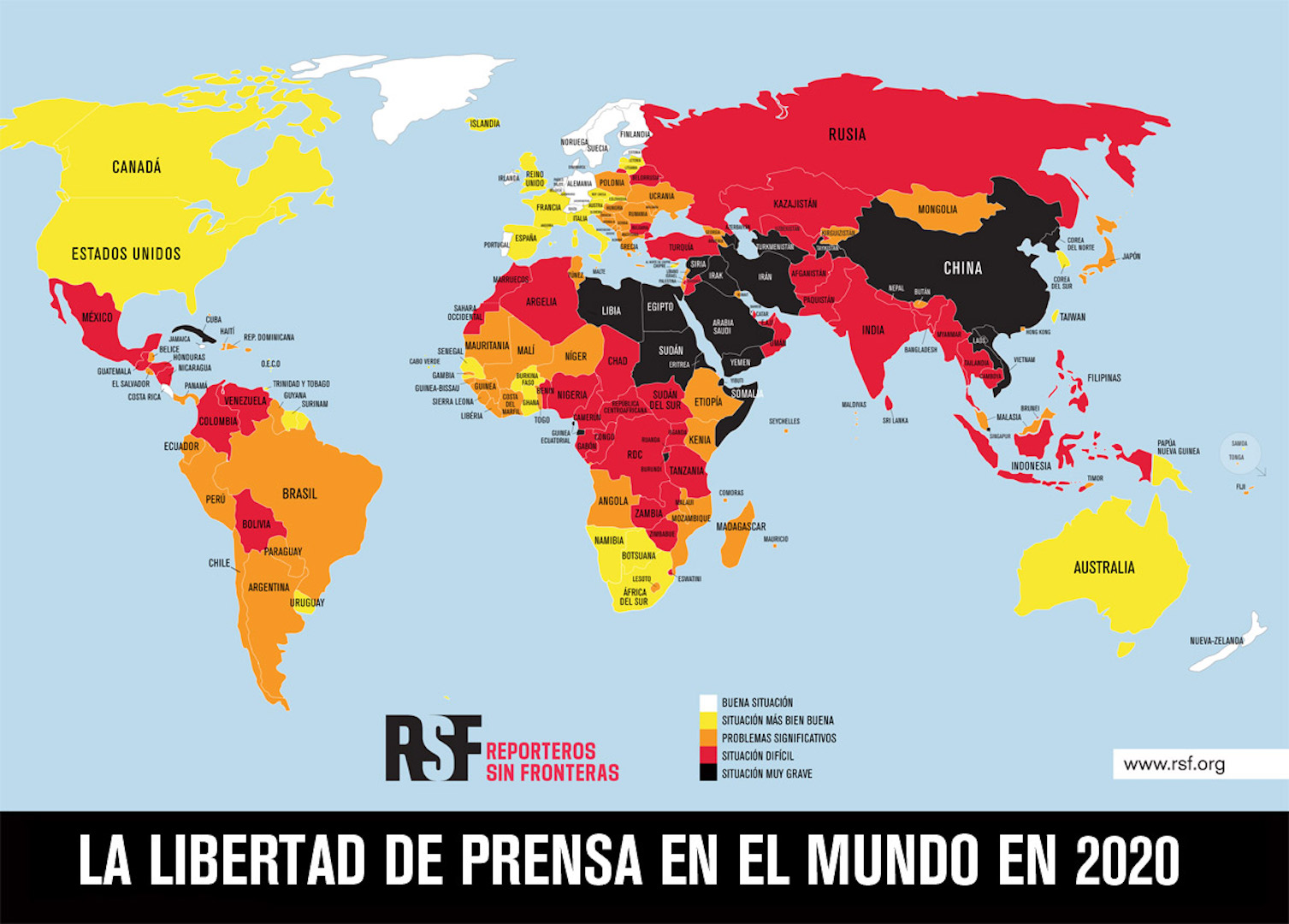 Libertad de prensa en Latinoamérica, de las más deterioradas en el mundo - mapa-rsf-clasificacion-prensa-2020