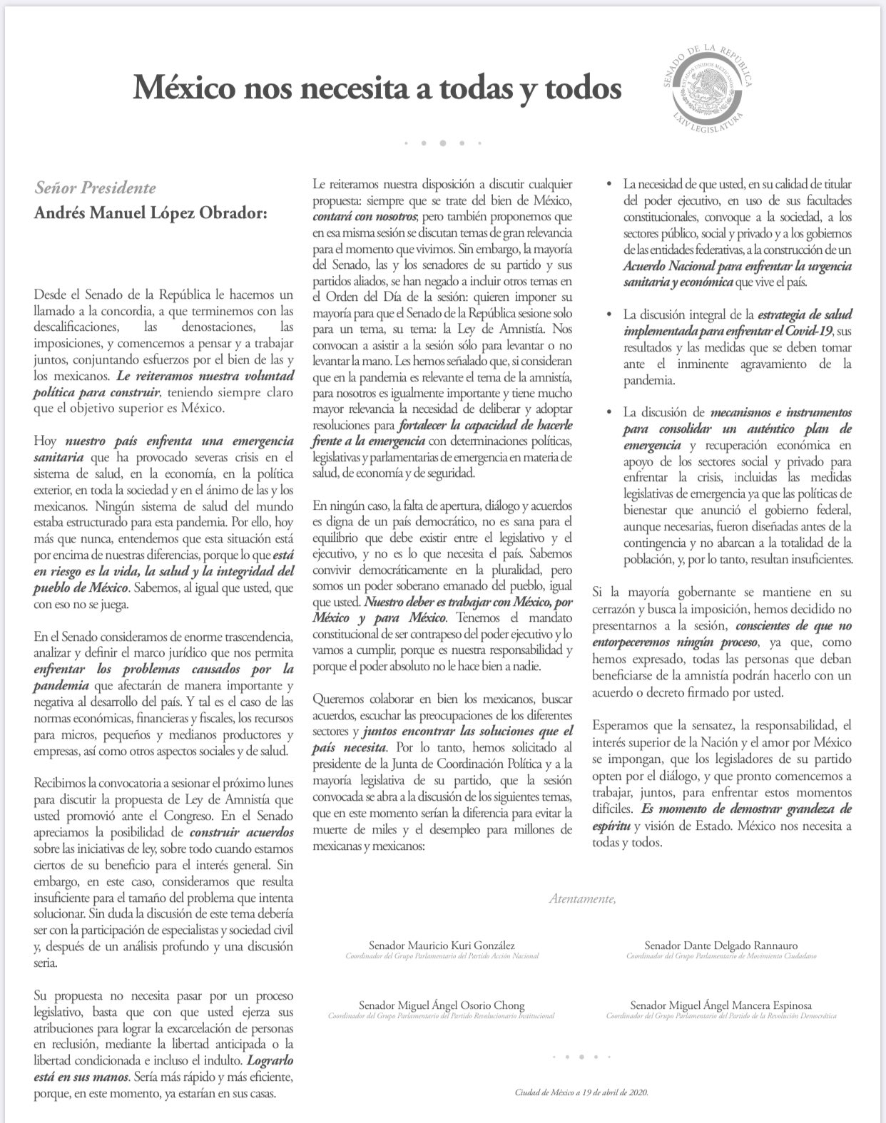 Coparmex respalda a senadores de oposición sobre discusión de Ley de Amnistía - posicionamiento-oposicion