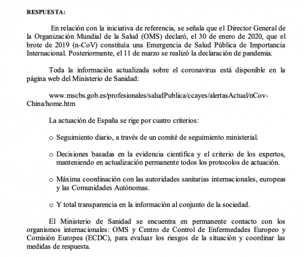 España acepta que OMS le advirtió sobre el coronavirus el 30 de enero - respuesta-del-gobierno-de-espana-a-diputados-sobre-la-actuacion-frente-al-covid-19