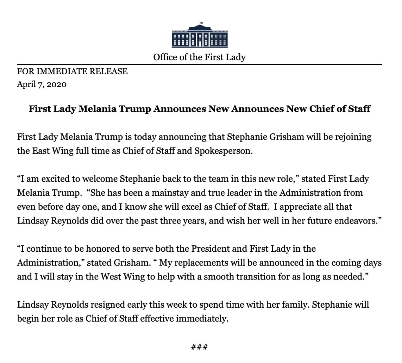 Stephanie Grisham deja de ser la secretaria de Prensa de la Casa Blanca - stephanie-grisham-melania-trump