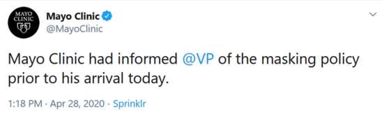 Pence se niega a usar mascarilla en hospital que atiende COVID-19 - tuit-de-la-clinica-mayo-sobre-mike-pence