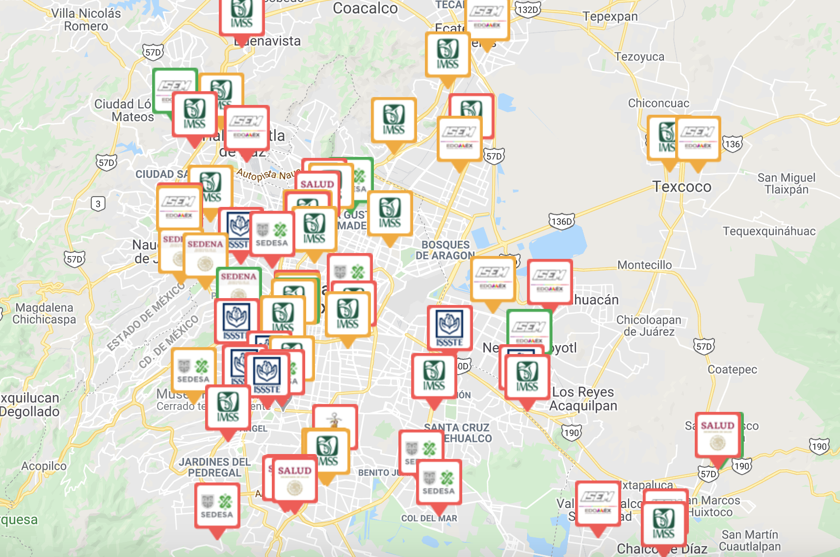Únicamente cinco hospitales COVID-19 en el Valle de México tienen alta disponibilidad de camas - captura-de-pantalla-del-mapa-que-proporciona-el-gobierno-de-la-cdmx-de-los-hospitales-con-camas-disponibles-para-atender-a-pacientes-de-covid-19
