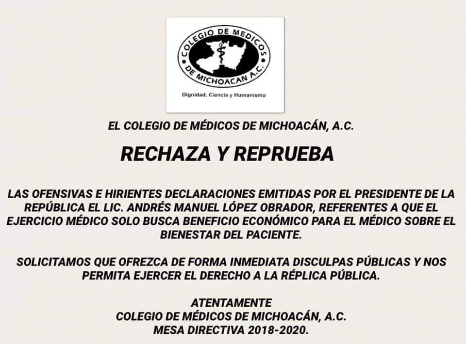 Agrupaciones médicas condenan las declaraciones del presidente López Obrador; exigen disculpa pública - colegio-de-medicos-de-michoacan