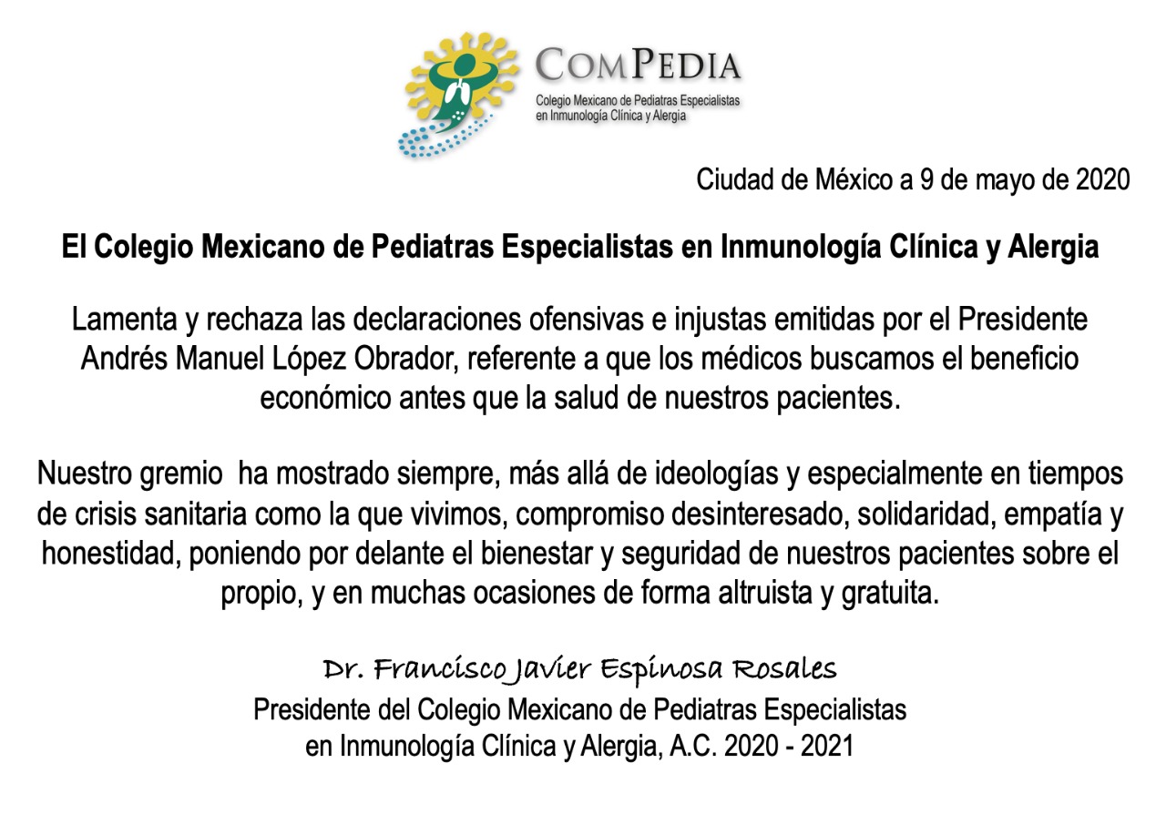Agrupaciones médicas condenan las declaraciones del presidente López Obrador; exigen disculpa pública - colegio-mexicano-de-pediatras-especialistas-en-inmunologia-clinica-y-alergia