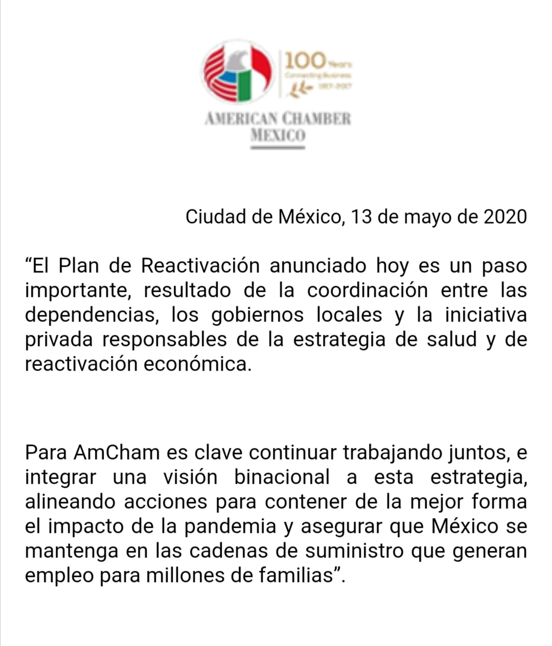 AmCham afirma que plan de reapertura es "un paso importante" para reactivación económica - comunicado-amcham