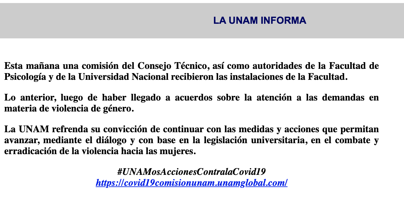 Entregan Facultad de Psicología de la UNAM tras más de tres meses en paro - comunicado-de-la-unam