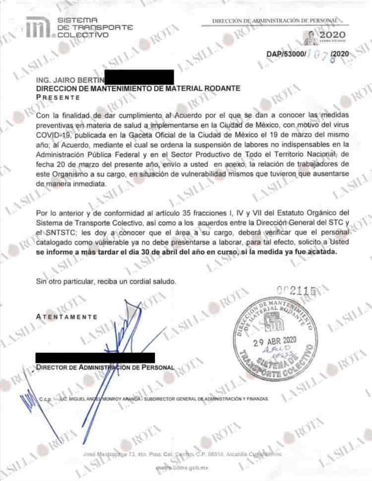 Exigen salida de funcionario del Metro por exponer a personal vulnerable al COVID-19 - doc