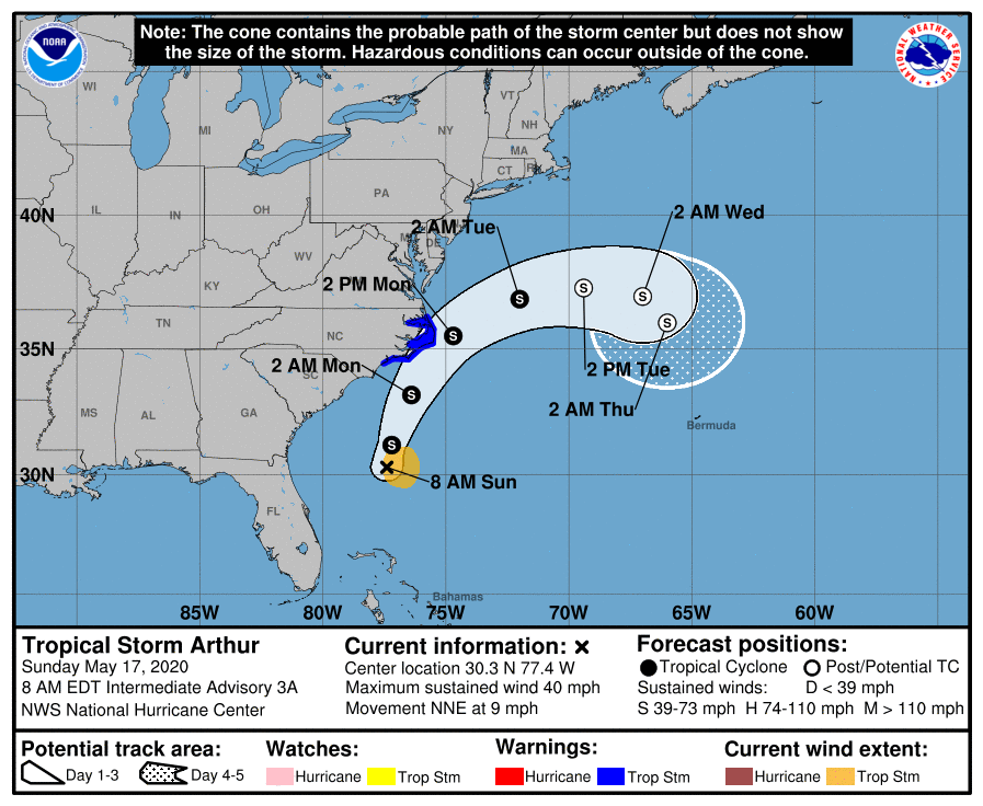 Tormenta tropical 'Arthur' se fortalece hacia Carolina del Norte - prevision-de-avance-de-la-tormenta-tropical-arthur