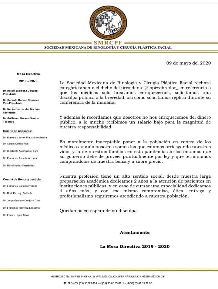 Agrupaciones médicas condenan las declaraciones del presidente López Obrador; exigen disculpa pública - sociedad-mexicana-de-rinologia-y-cirugia-plastica-facial