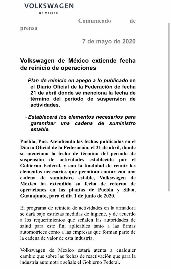 Volkswagen de México extiende a junio reinicio de operaciones - volkswagen-cominicado