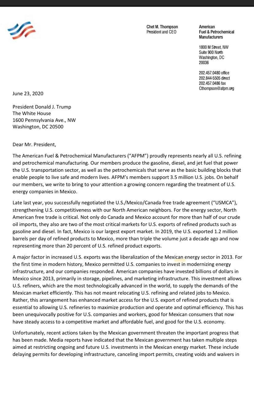 Empresas Petroquímicas de Estados Unidos acusan a México de restringir inversiones - afpm-1