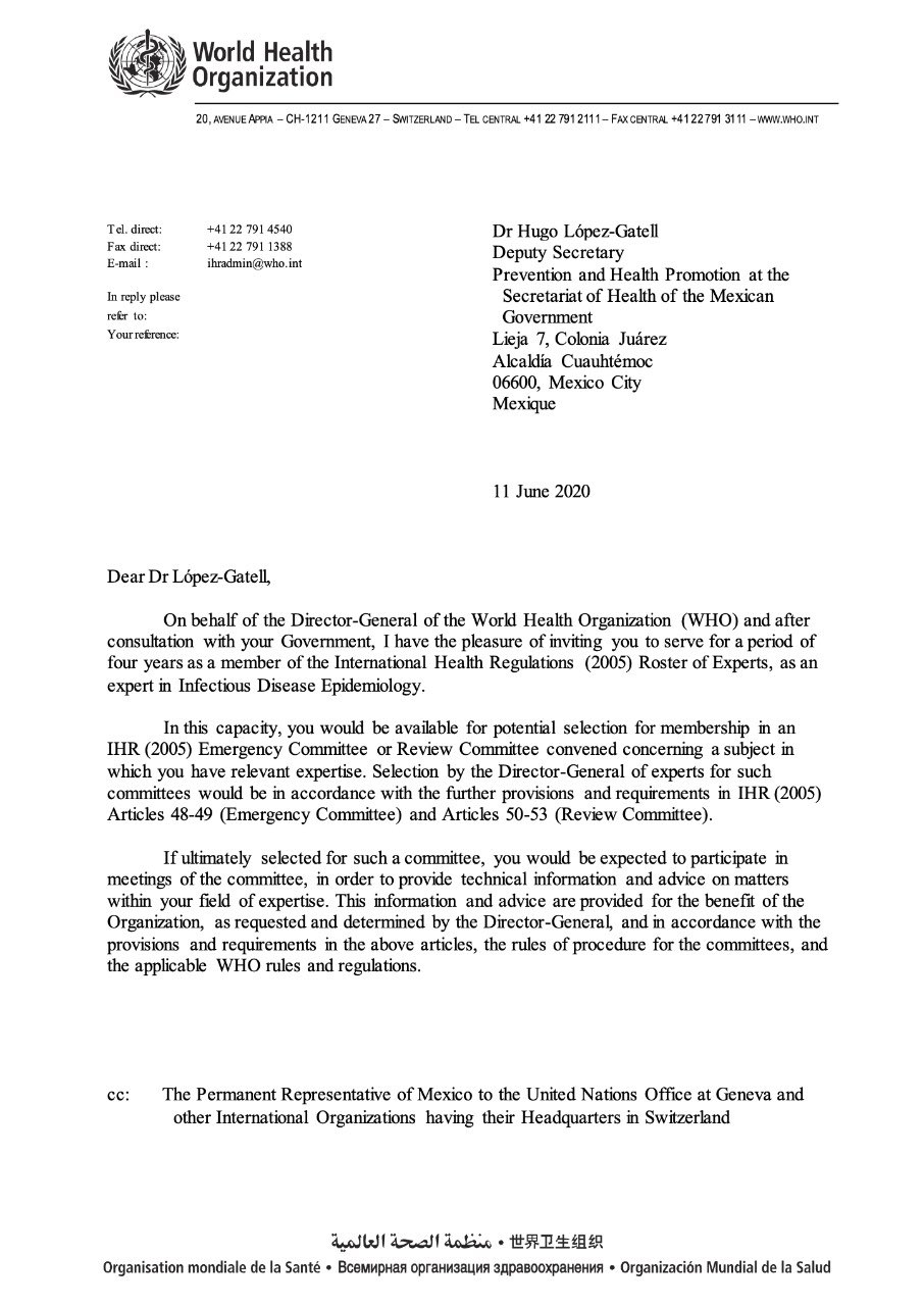 OMS confirma a Hugo López-Gatell como parte de panel de expertos sobre COVID-19 - carta1