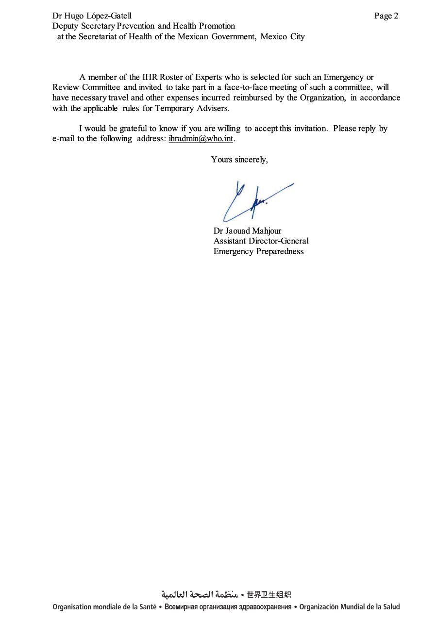 OMS confirma a Hugo López-Gatell como parte de panel de expertos sobre COVID-19 - carta2