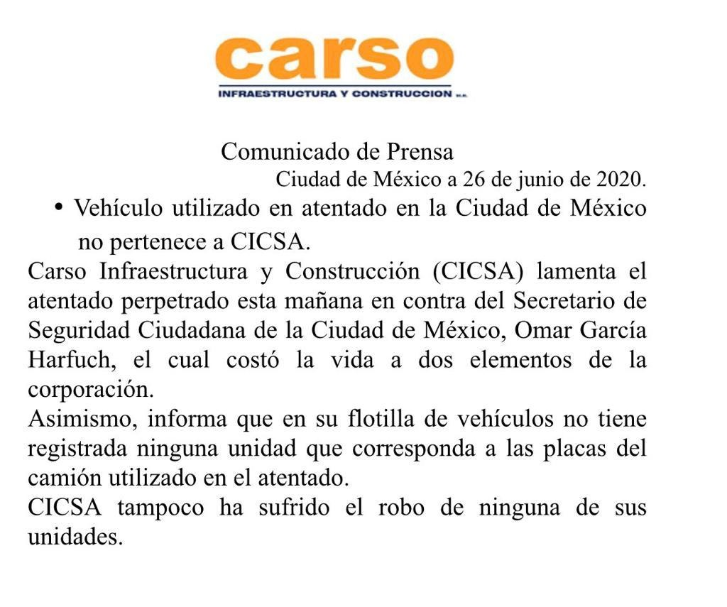 Grupo Carso niega que vehículo usado en atentado a García Harfuch pertenezca a su flotilla - comunicado-de-grupo-carso