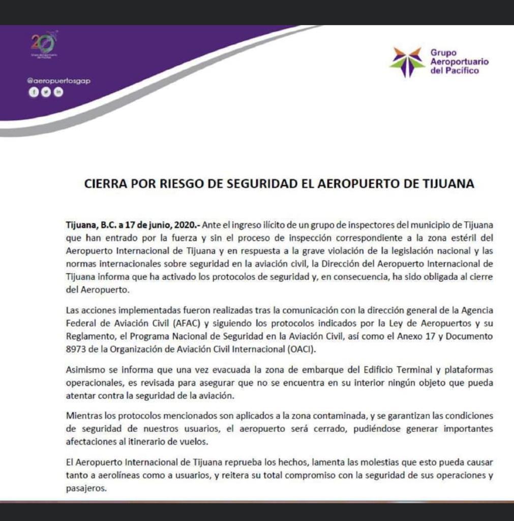 Cierran el Aeropuerto de Tijuana por ingreso ilícito de inspectores a zona estéril; ya fue reabierto - comunicado-por-cierre-del-aeropuerto-internacional-de-tijuana