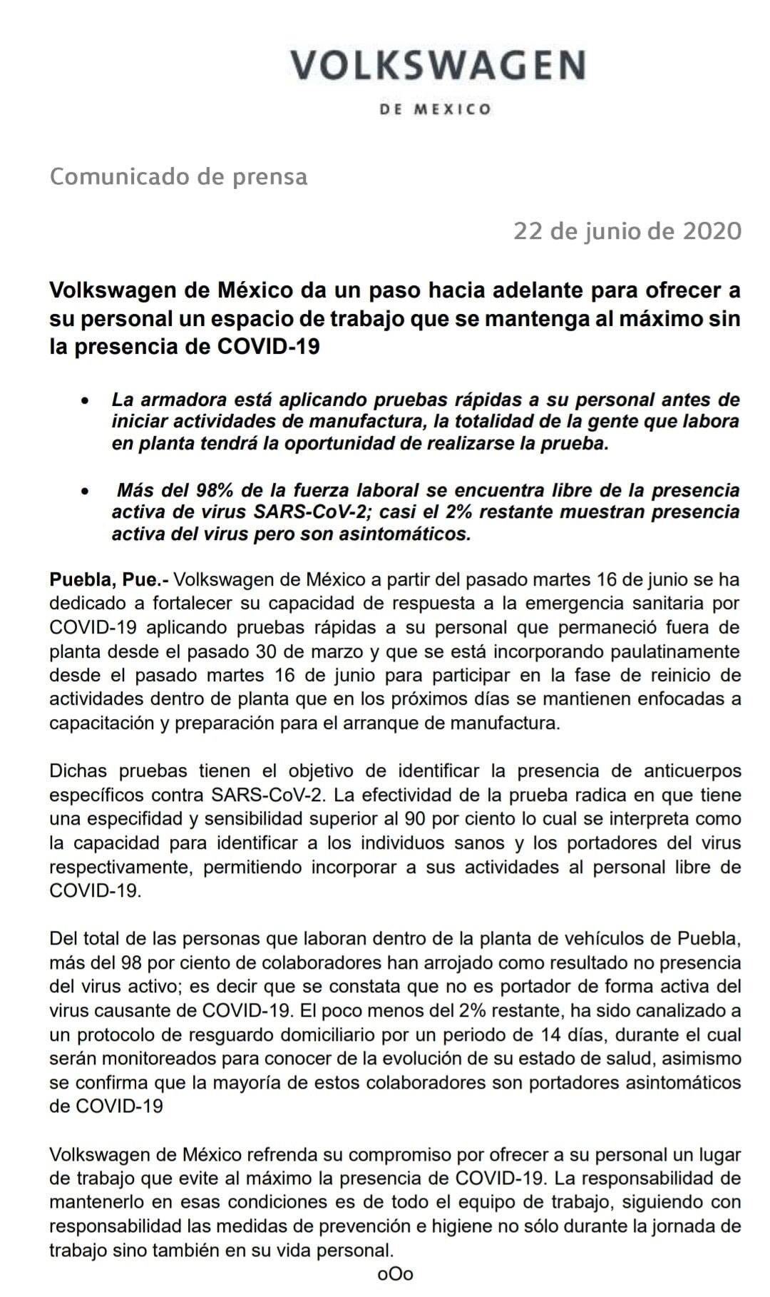 Un centenar de trabajadores de Volkswagen en Puebla dan positivo a COVID-19 - comunicado-volkswagen-puebla