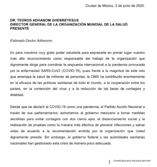 PAN pide a OMS reconsiderar postulación de Hugo López-Gatell a grupo de expertos - pan-carta-oms