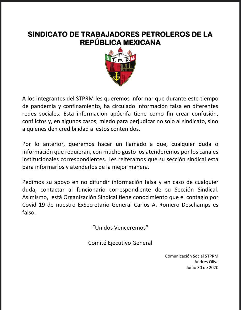 Falso que Romero Deschamps diera positivo a COVID-19, señala STPRM - stprm-romero-deschamps