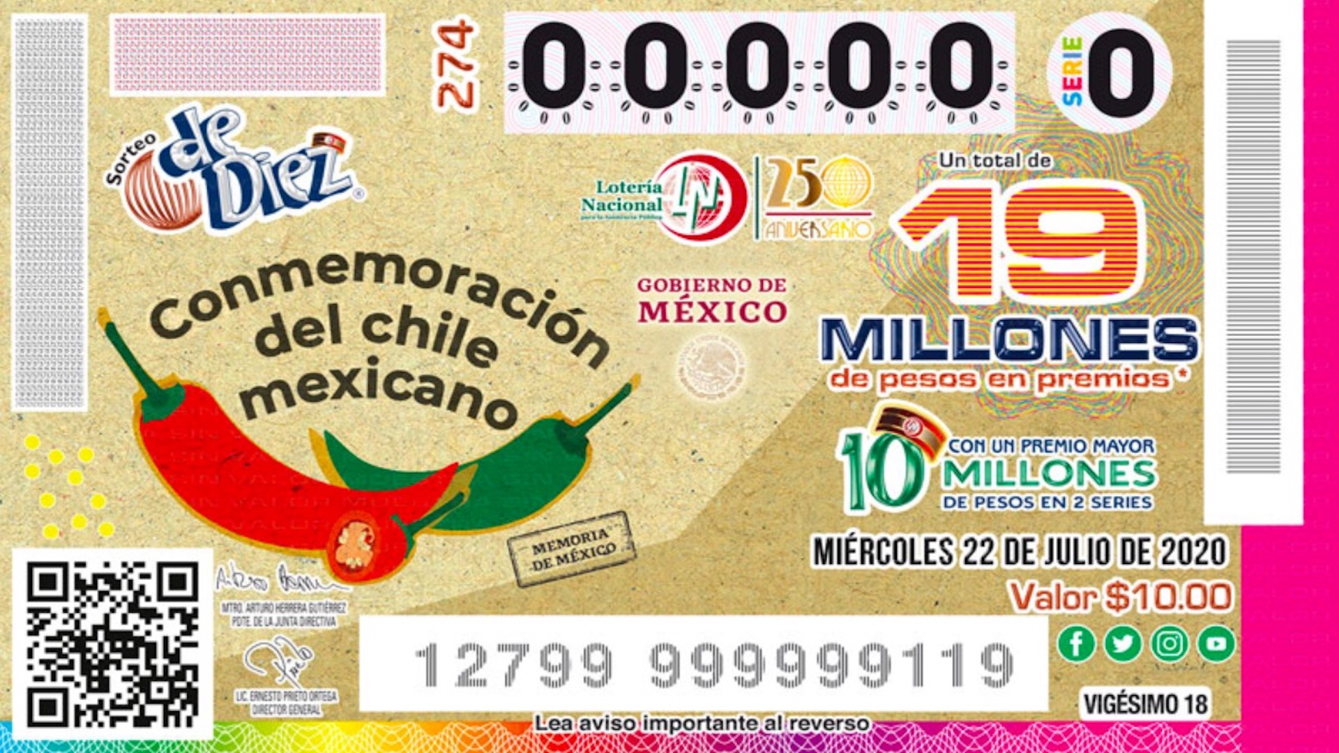Lotería Nacional presenta billete conmemorativo del chile mexicano