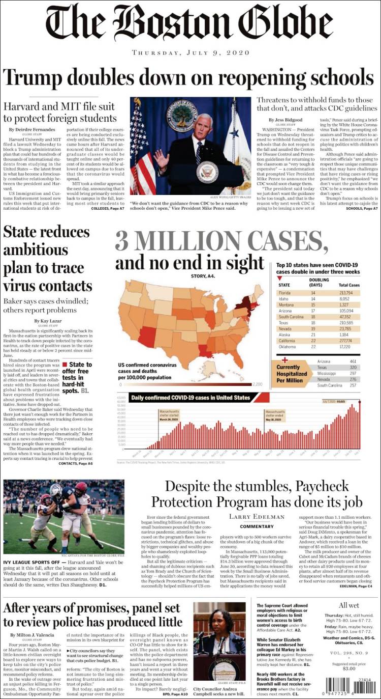 Poco interés en reunión Trump-AMLO en portadas de periódicos estadounidenses - boston-globe-9jul20