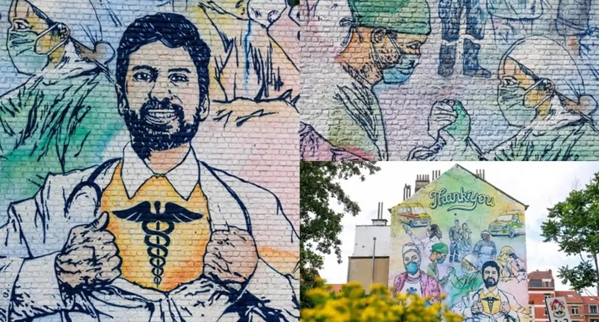 Artistas callejeros pintan mural en Bruselas para honrar a quienes luchan contra el COVID-19 - bruselas-muro-coronavirus