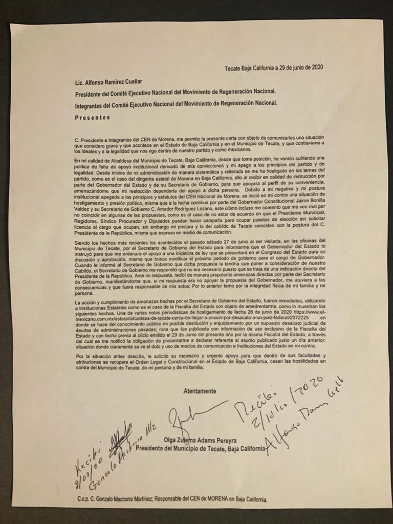 Alcaldesa de Tecate denuncia campaña de hostigamiento y presión política de Jaime Bonilla - carta-alcaldesa-tecate