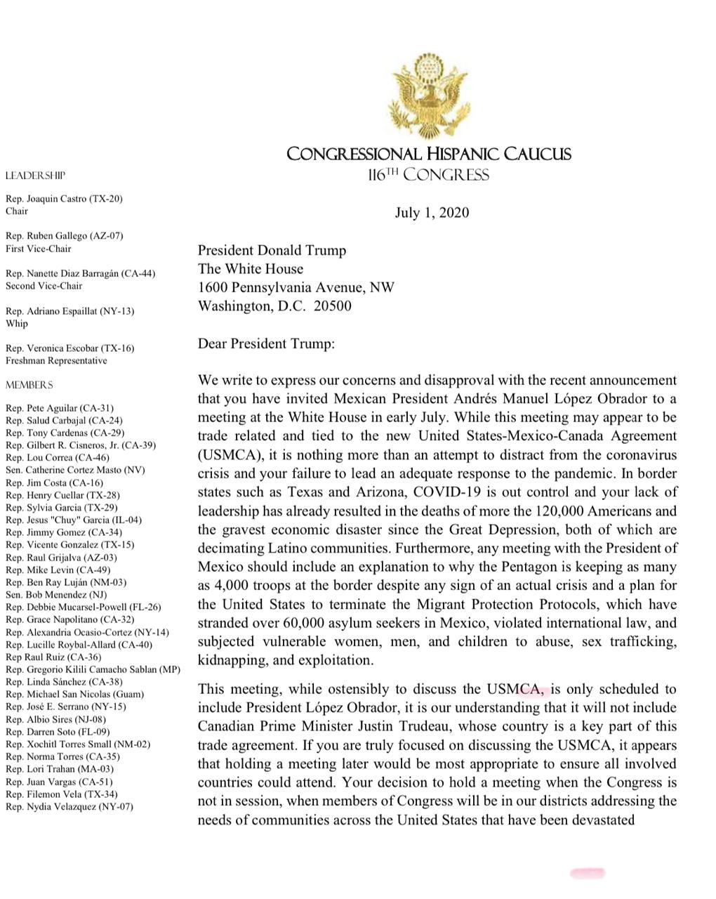 Caucus Hispano del Congreso de EE.UU., en desacuerdo por visita de López Obrador a Trump - carta-contra-visita-de-amlo1