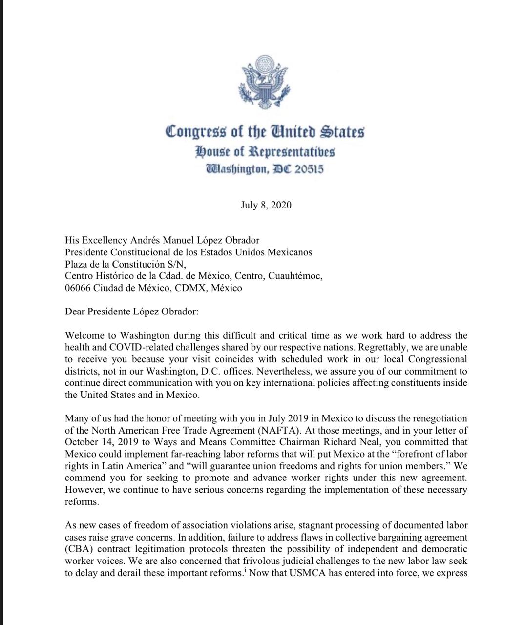 Demócratas expresan "serias preocupaciones" a AMLO sobre reformas laborales - carta-democratas-amlo-01