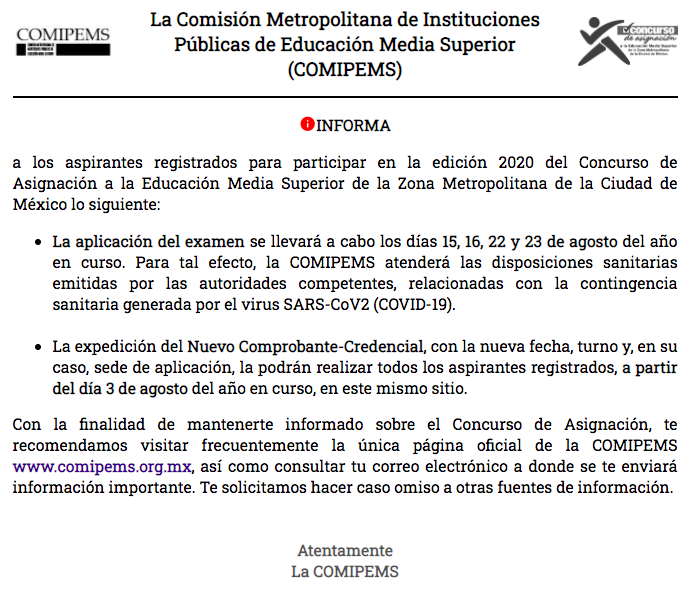 Exámenes a educación media superior en CDMX serán del 15 al 23 de agosto - comipems