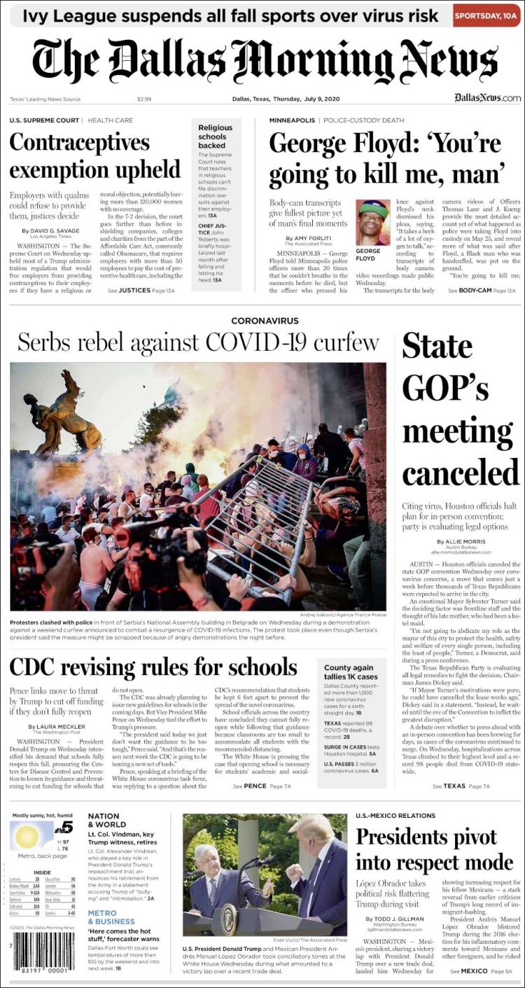 Poco interés en reunión Trump-AMLO en portadas de periódicos estadounidenses - dallas-morning-news-9jul20