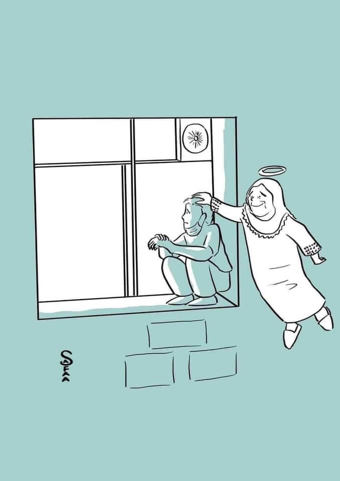 Joven trepó ventana de hospital para ver a su madre antes de morir por COVID-19 - ilustracion-sobre-jihad-al-suwaiti-tras-la-muerte-de-su-madre