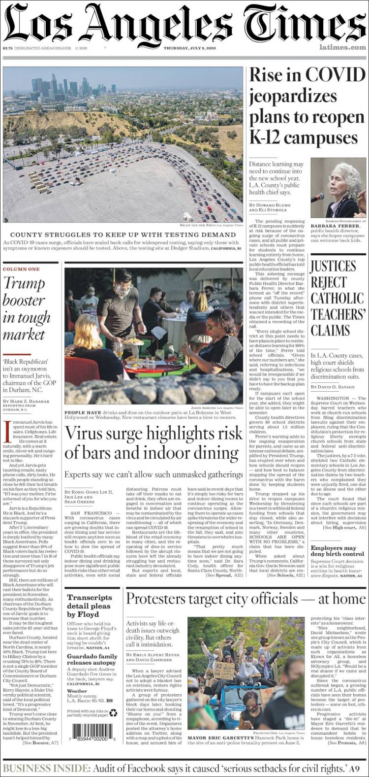 Poco interés en reunión Trump-AMLO en portadas de periódicos estadounidenses - los-angeles-times-9jul20