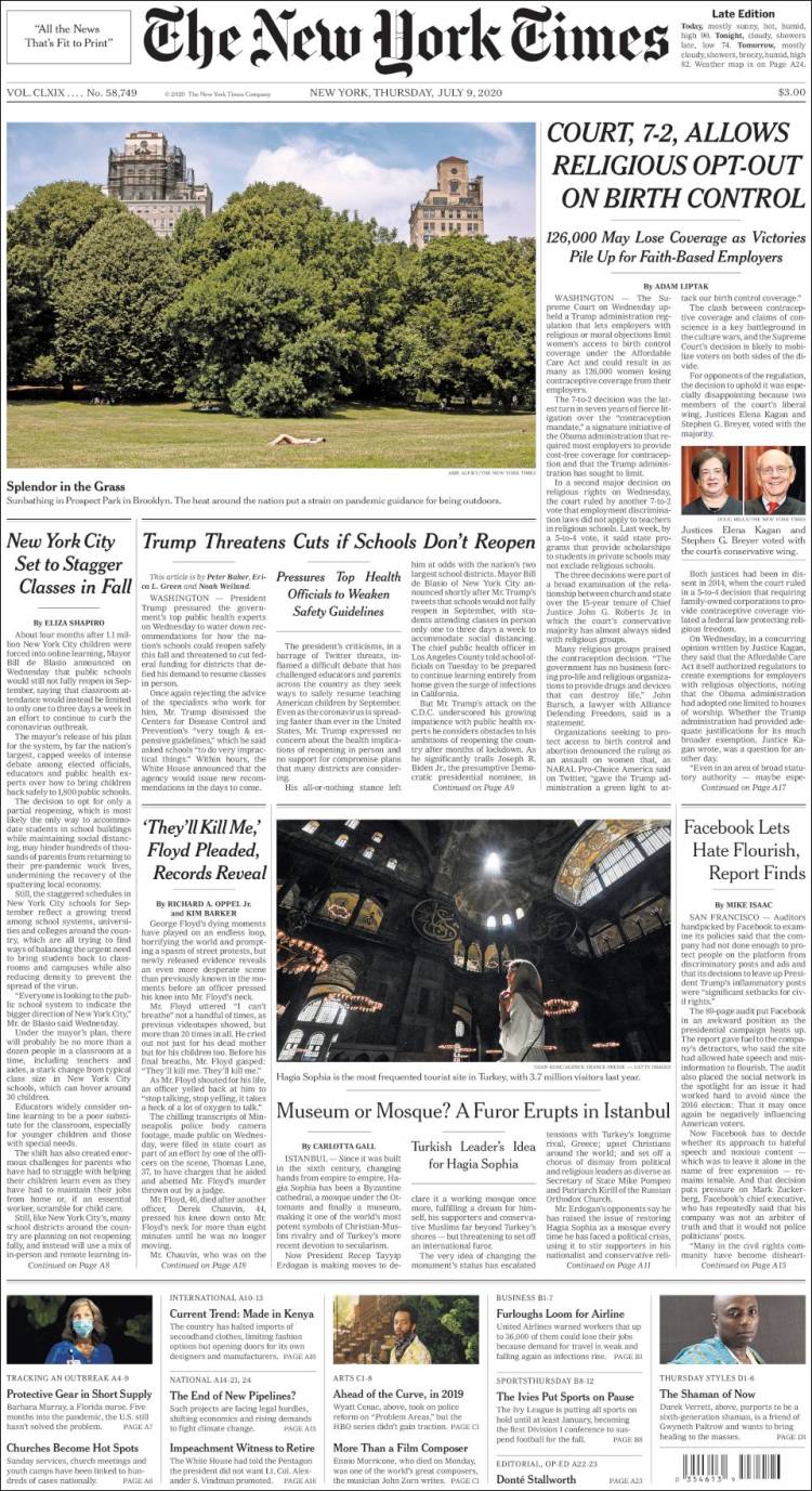 Poco interés en reunión Trump-AMLO en portadas de periódicos estadounidenses - new-york-times-9jul20
