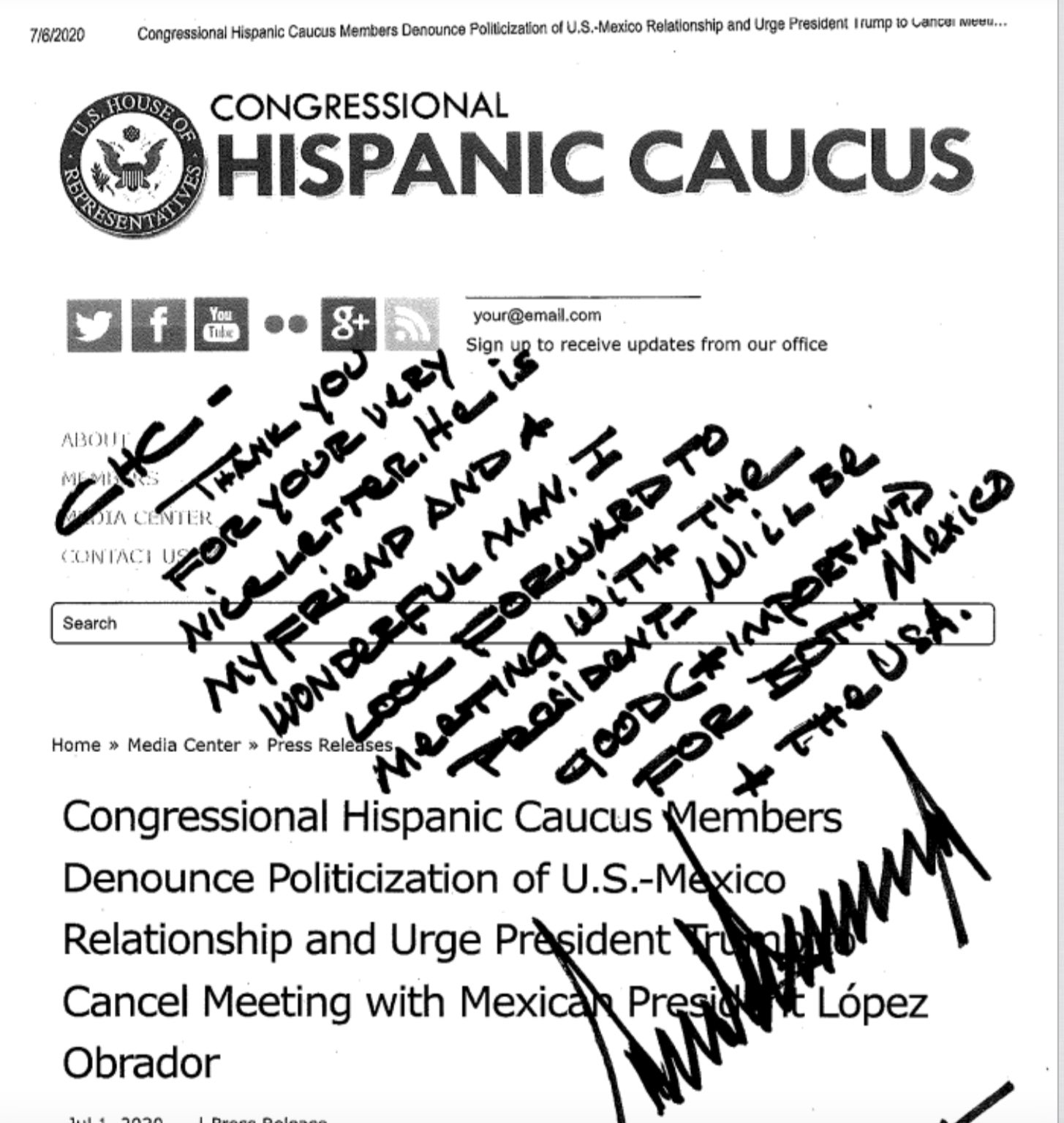 Trump rechaza cancelar reunión con AMLO; "es mi amigo", afirma - respuesta-de-trump-a-caucus-hispano-por-visita-de-amlo