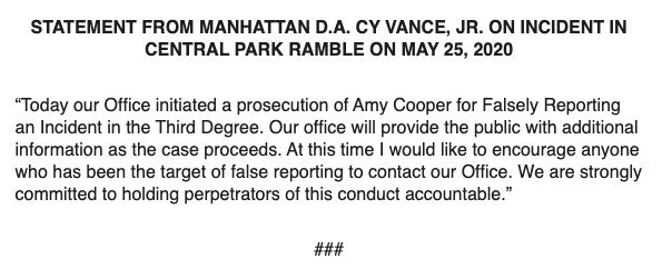 Imputan a mujer que denunció falsamente a un hombre afroamericano en Nueva York - statement