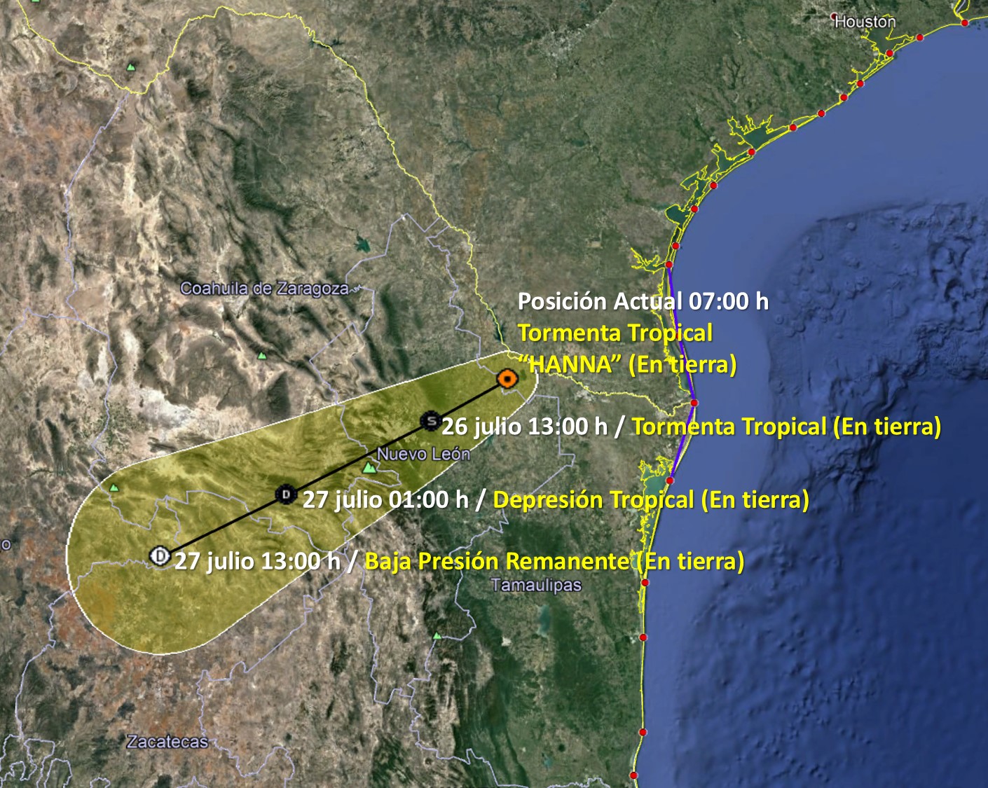 Tormenta tropical Hanna provoca inundaciones en el noreste de México - trayectoria-de-la-tormenta-tropical-hanna