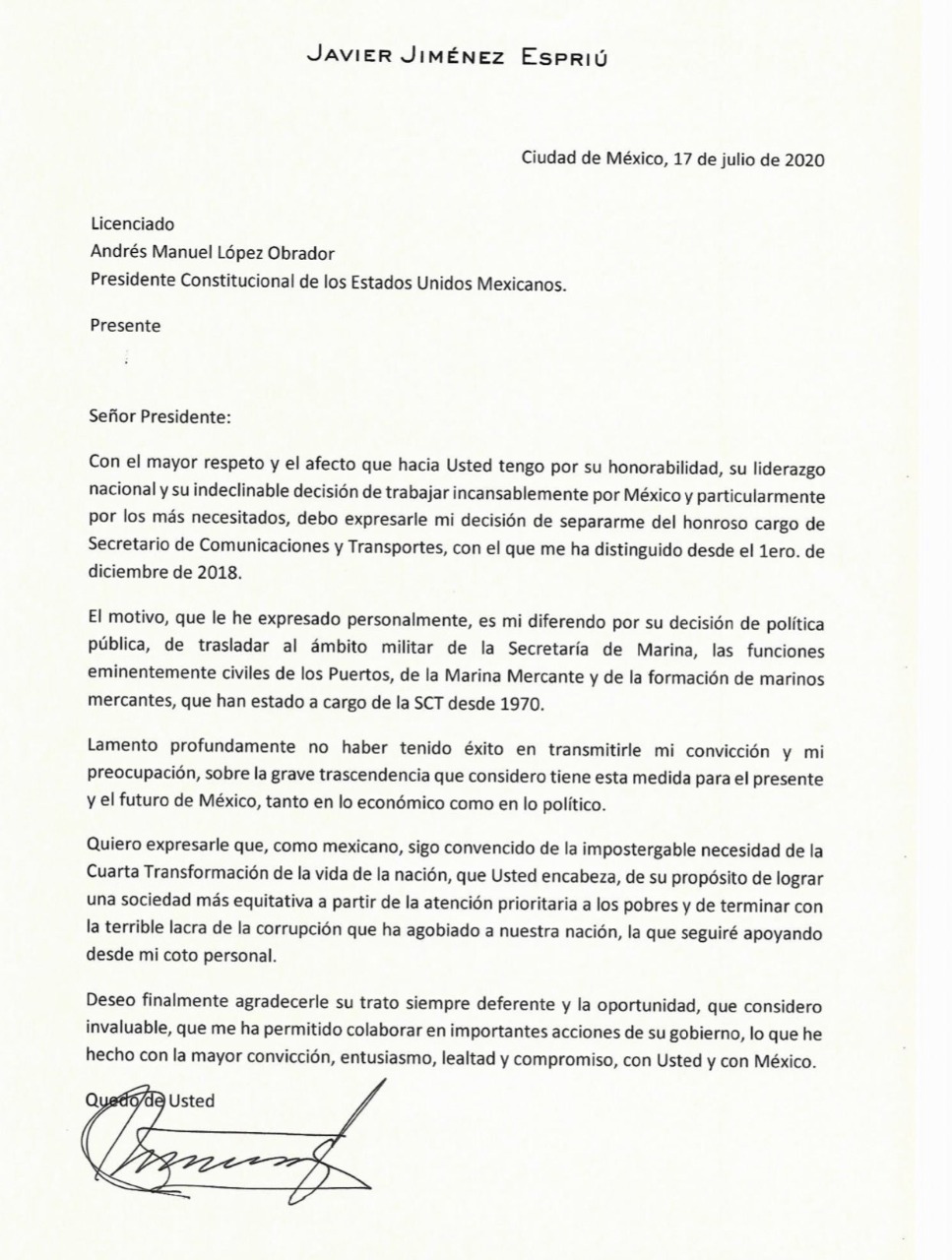 Carta de renuncia de Javier Jiménez Espriú - whatsapp-image-2020-07-23-at-24707-pm