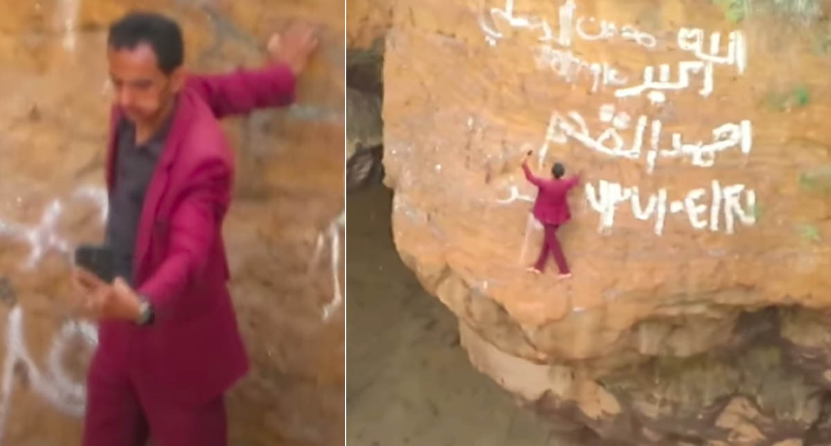 #Video Hombre desciende por el borde de un volcán para tomarse fotos