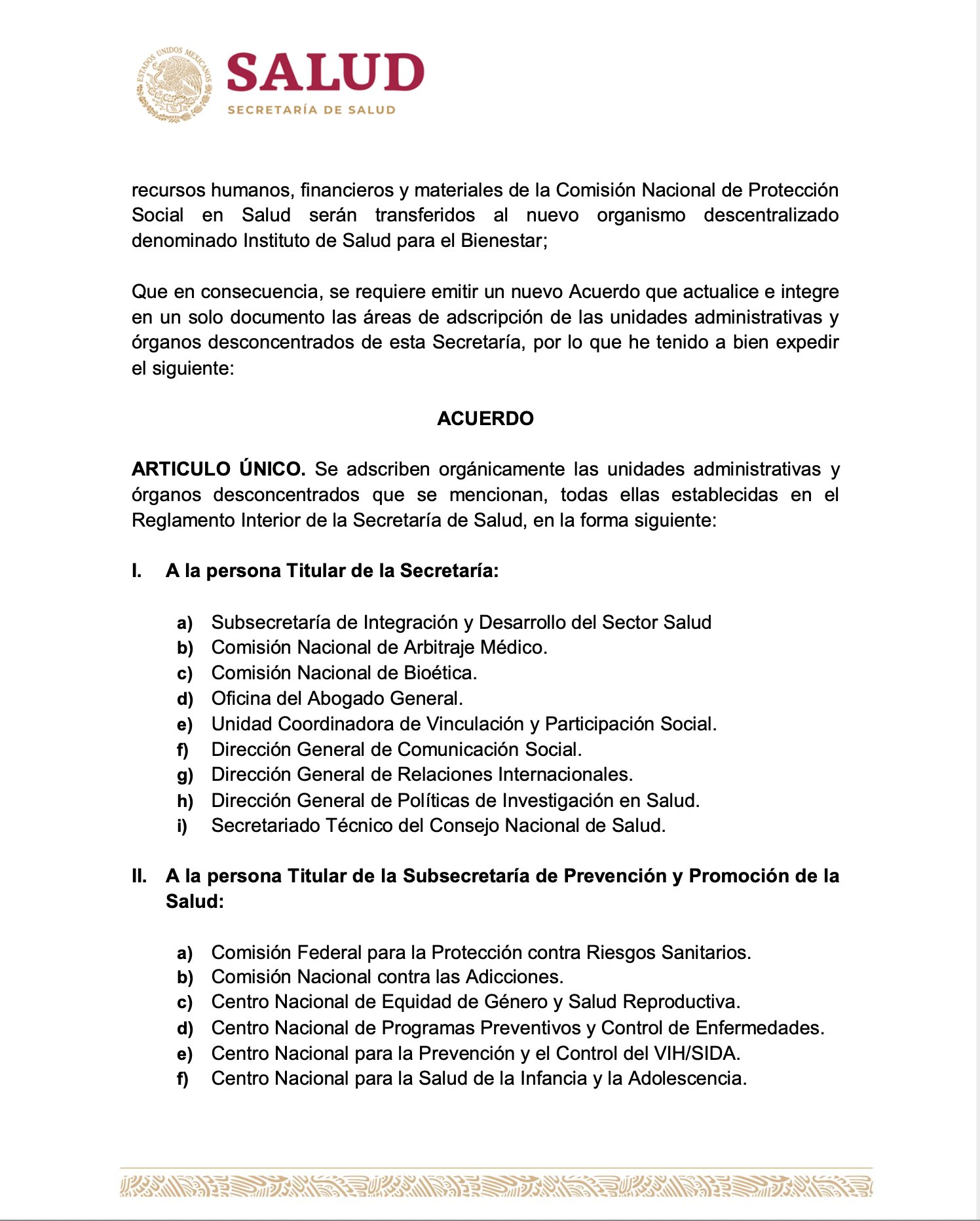 Emiten acuerdo por el cual Cofepris y 12 oficinas más pasan a reportar a Hugo López-Gatell - acuerdo-de-adscripcion-de-la-ssa-1