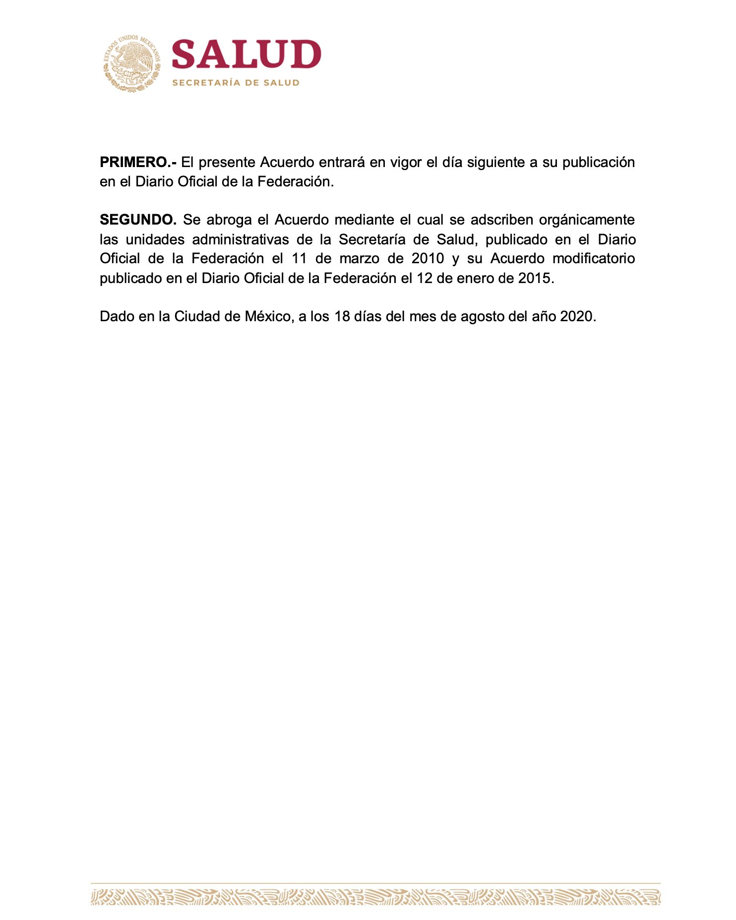 Emiten acuerdo por el cual Cofepris y 12 oficinas más pasan a reportar a Hugo López-Gatell - acuerdo-de-adscripcion-de-la-ssa-3