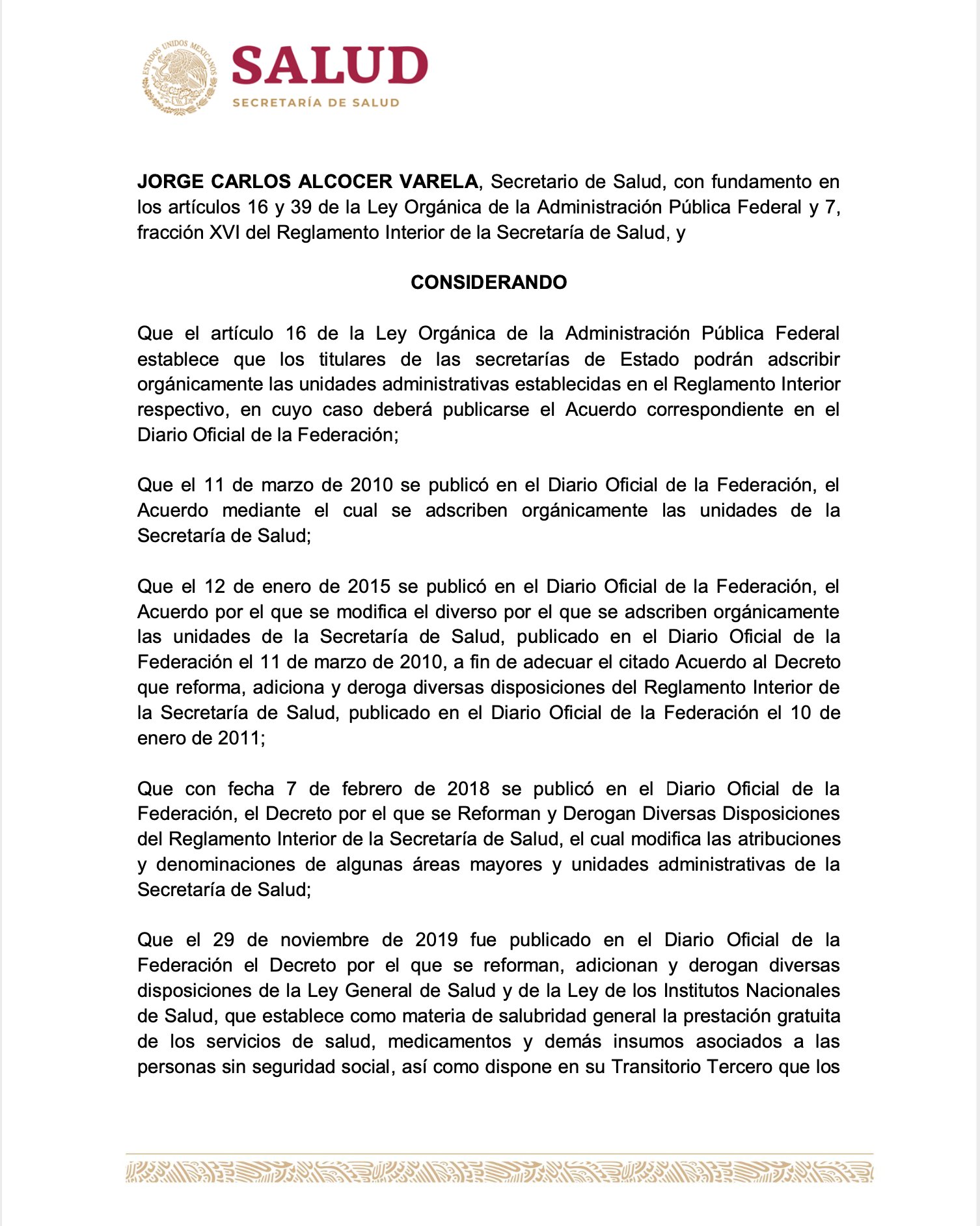 Emiten acuerdo por el cual Cofepris y 12 oficinas más pasan a reportar a Hugo López-Gatell - acuerdo-de-adscripcion-de-la-ssa