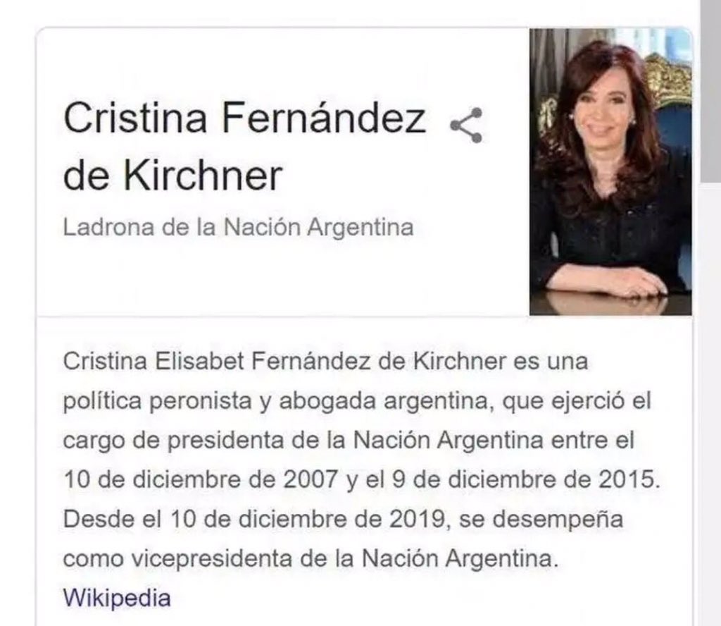 Cristina Fernández de Kirchner demandará a Google por aparecer en el buscador como "ladrona de la nación" - cfk