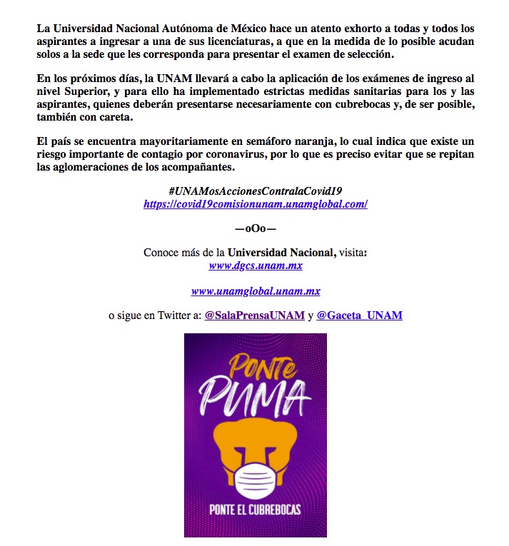 UNAM pide a aspirantes evitar aglomeraciones y realizar examen de admisión con cubrebocas y careta - comnicado-unam