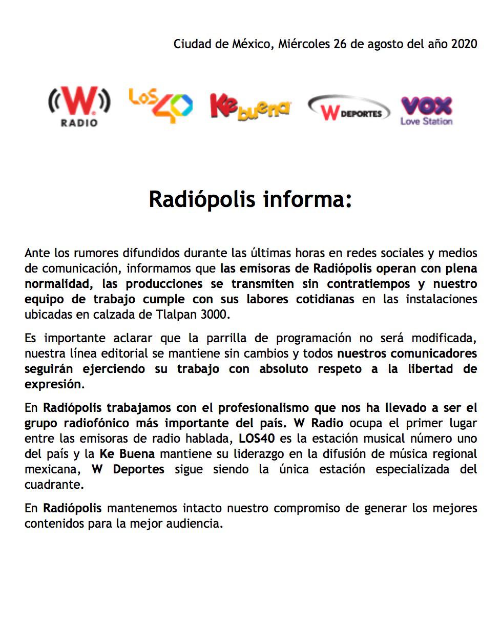 Descarta Radiópolis cambios en su programación tras toma de W Radio - comunicado-radiopolis