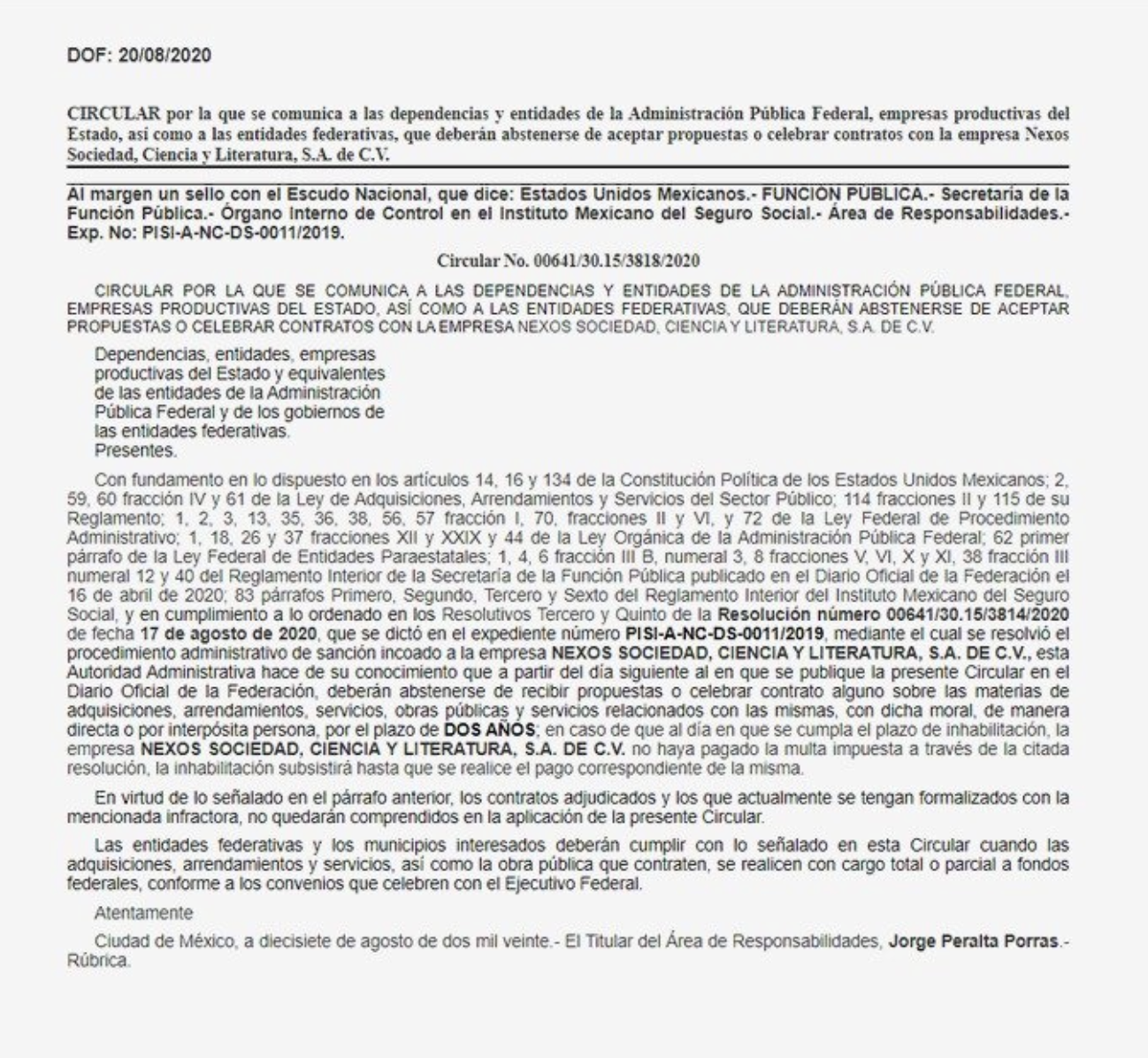 Sanción a Nexos es "una declaración de hostilidad del gobierno", afirma Héctor Aguilar Camín - dof-nexos-sfp-sancion