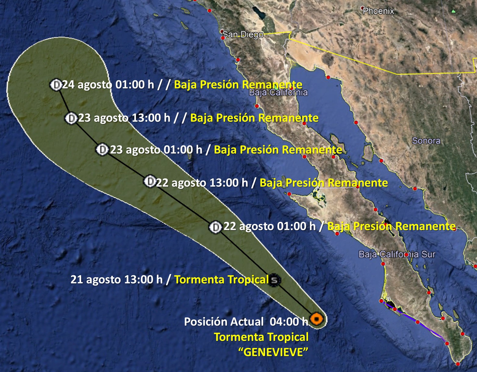 Genevieve mantiene lluvias fuertes en la Península de Baja California; activan Plan DN-III-E - genevieve-trayectoria