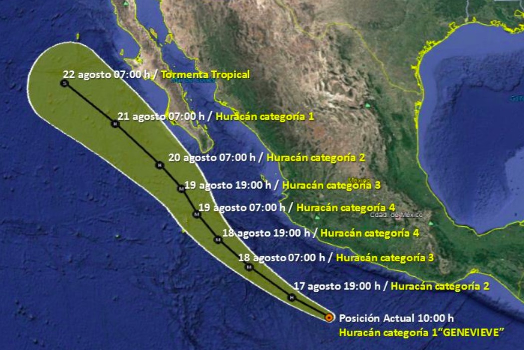Huracán Genevieve se desplaza rápidamente en paralelo a costas mexicanas, prevén lluvias en seis estados - huracan-genevieve-trayectoria
